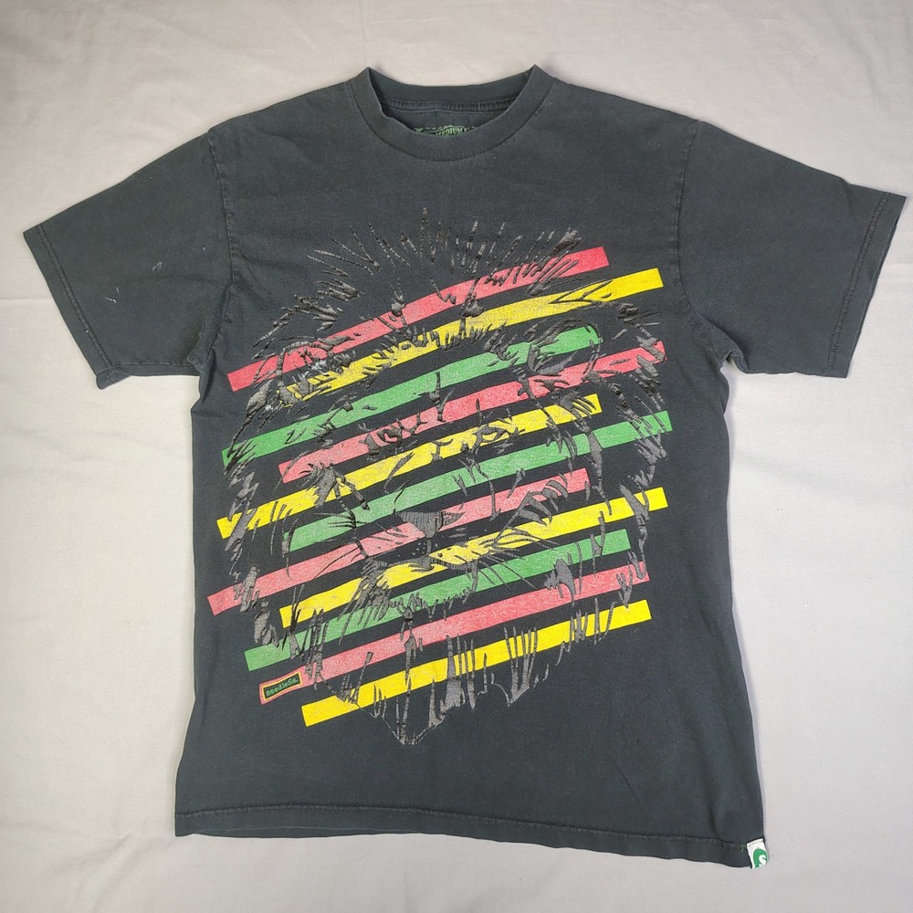 VINTAGE Seedless Lion Graphic T-Shirt Black Rasta Stripe Short Sleeve Medium